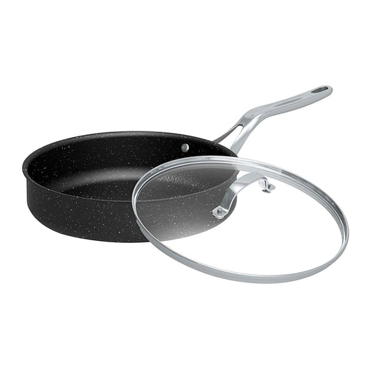 Starfrit The Rock 11" Aluminum Non-Stick Deep Fry Pan with Glass Lid - Black/Silver