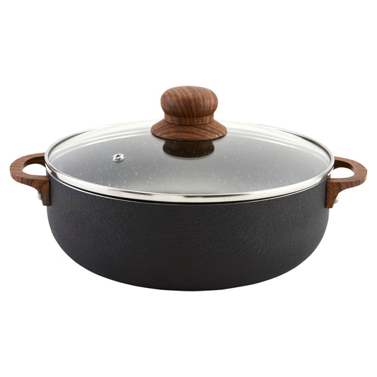 IMUSA 4.4 Quart Speckled PTFE Non-Stick Caldero with Glass Lid and Wood Look Handles - Black