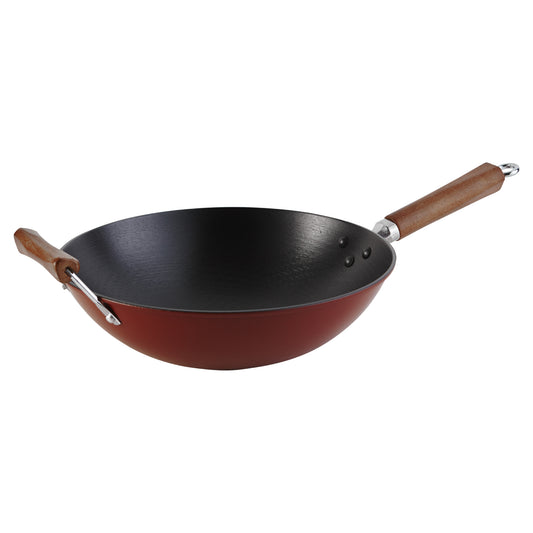 Wok de hierro fundido ligero antiadherente de PTFE de 14" de IMUSA con mango de madera - Negro/rojo