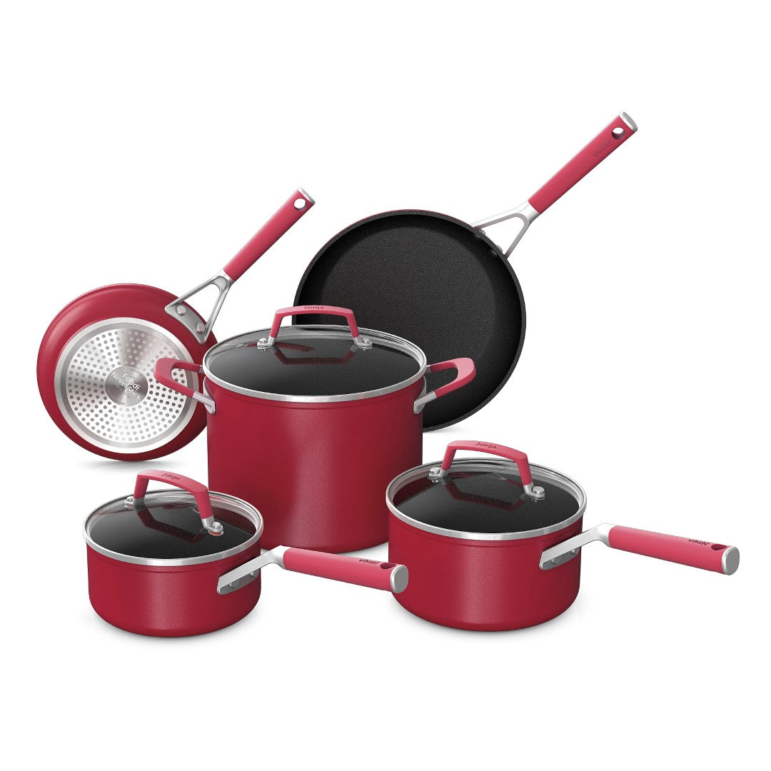 Juego de utensilios de cocina de aluminio Ninja C28000 Foodi NeverStick Vivid con tapas de vidrio (8 piezas) - Rojo carmesí