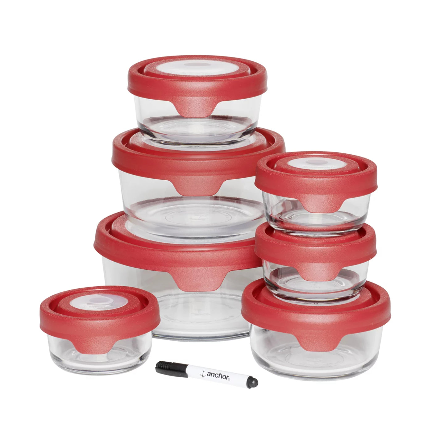 Juego de recipientes de vidrio para almacenar alimentos con tapas TrueSeal de Anchor Hocking (15 piezas), rojo y transparente