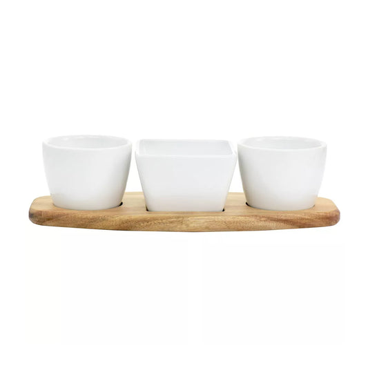 Juego de platos para aperitivos de cerámica fina Gibson Elite Gracious Dining con base de madera de acacia (4 piezas), color blanco