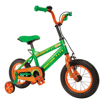 Bicicleta Rugged Racers Sigma D12 Pro Dinosaurs con ruedas de entrenamiento, verde y naranja