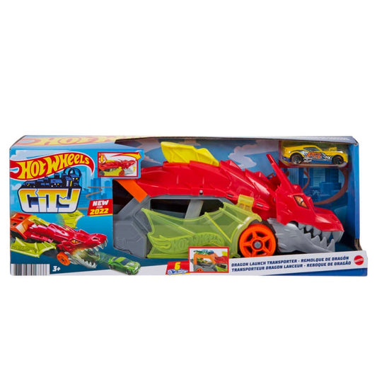 Juguete transportador con temática de lanzamiento de City Dragon de Hot Wheels