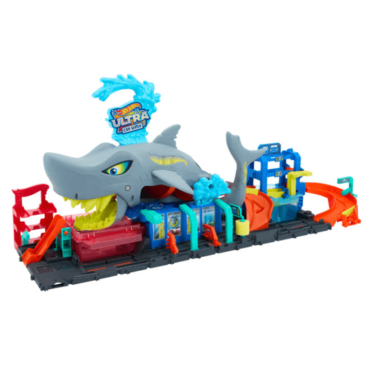 Coche de juguete Hot Wheels City Ultra Shark Car Wash con revelación de color a escala 1:64