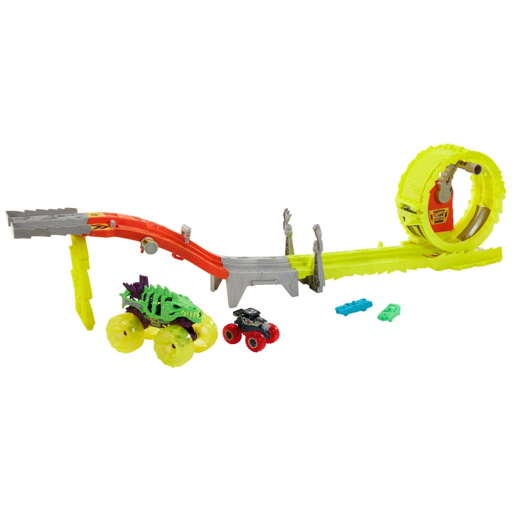 Set de juego de desafío de carga y persecución de Hot Wheels Monster Trucks Power Smashers