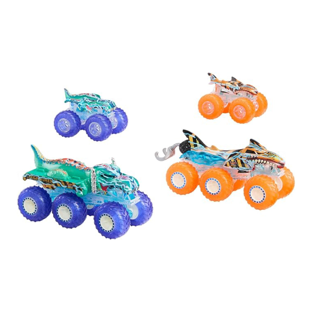 Camión de juguete y plataforma de carga Big Rig Power Smasher de Hot Wheels Monster Trucks (juego de 4)