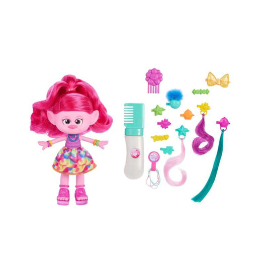 Muñeca de moda Queen Poppy con peinado fantástico y más de 15 accesorios para el cabello de Dreamworks Trolls Band Together