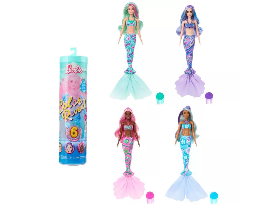 Muñeca Barbie de 12,7" con revelación de color y accesorios de la serie Mermaid