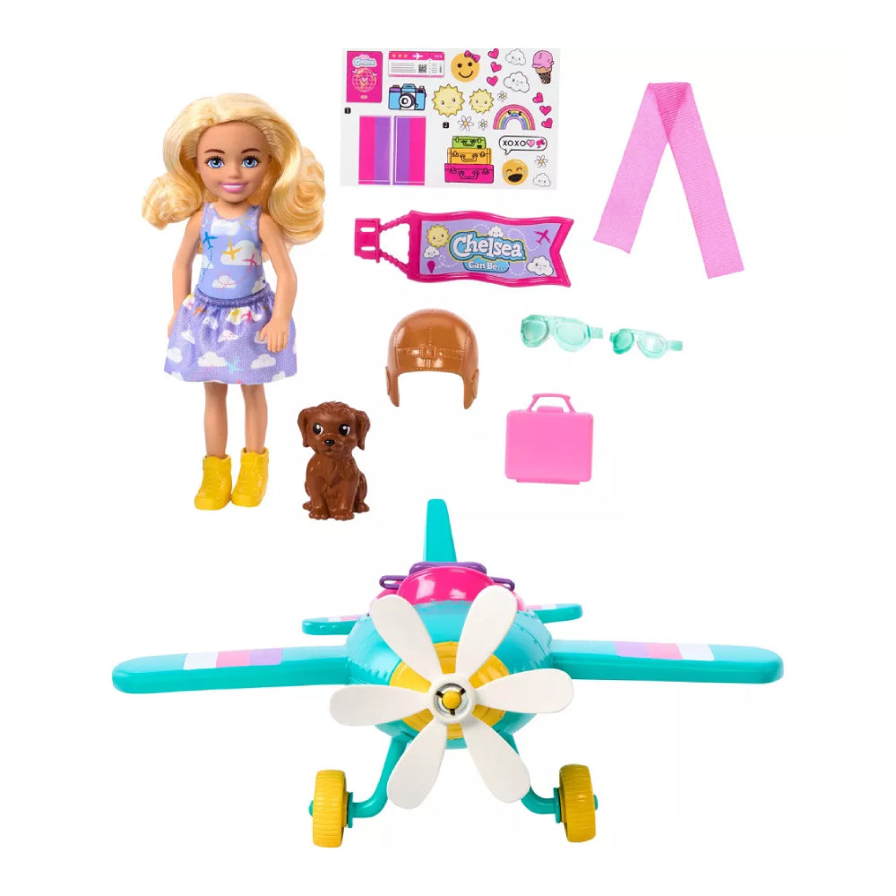 Muñeca Barbie Chelsea Can Be Plane y set de juego con hélice giratoria y 7 accesorios