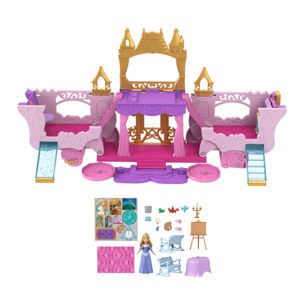 Juego transformable de carruaje de princesas Disney al castillo con muñeca pequeña Aurora