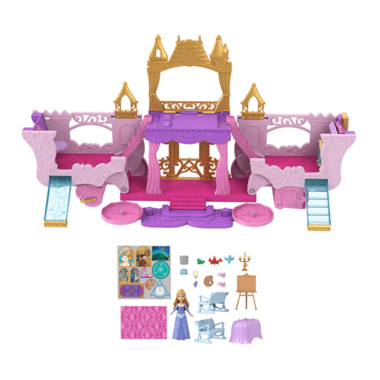 Juego transformable de carruaje de princesas Disney al castillo con muñeca pequeña Aurora