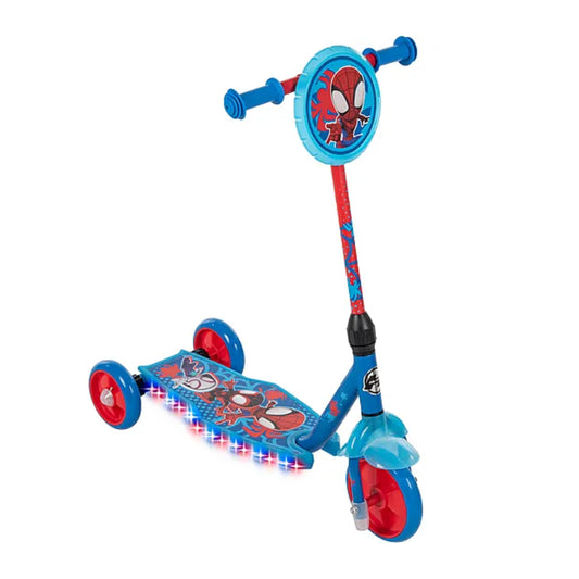 Patinete preescolar para niños Huffy 28542 Marvel Spidey con luces LED, azul y rojo