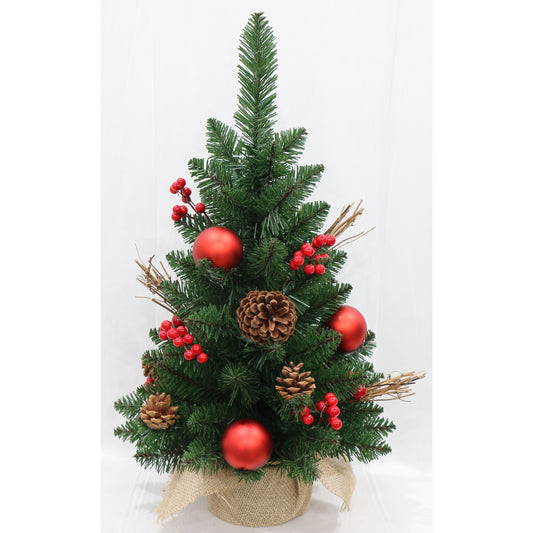 Árbol de Navidad de lino preiluminado TOI de 23" con bola roja, piña y ramitas de cerezo