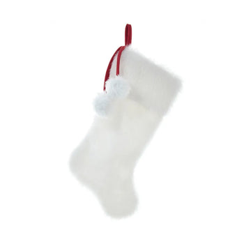 Kurt Adler Faux Fur Stocking with Pom Poms - White