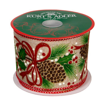 Kurt Adler 2.5" x 10 Yards Leaf Patterned Dot Double Wire Ribbon