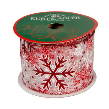 Cinta de alambre doble con diseño de copos de nieve de Kurt Adler, 2,5" x 10 yardas, rojo/blanco