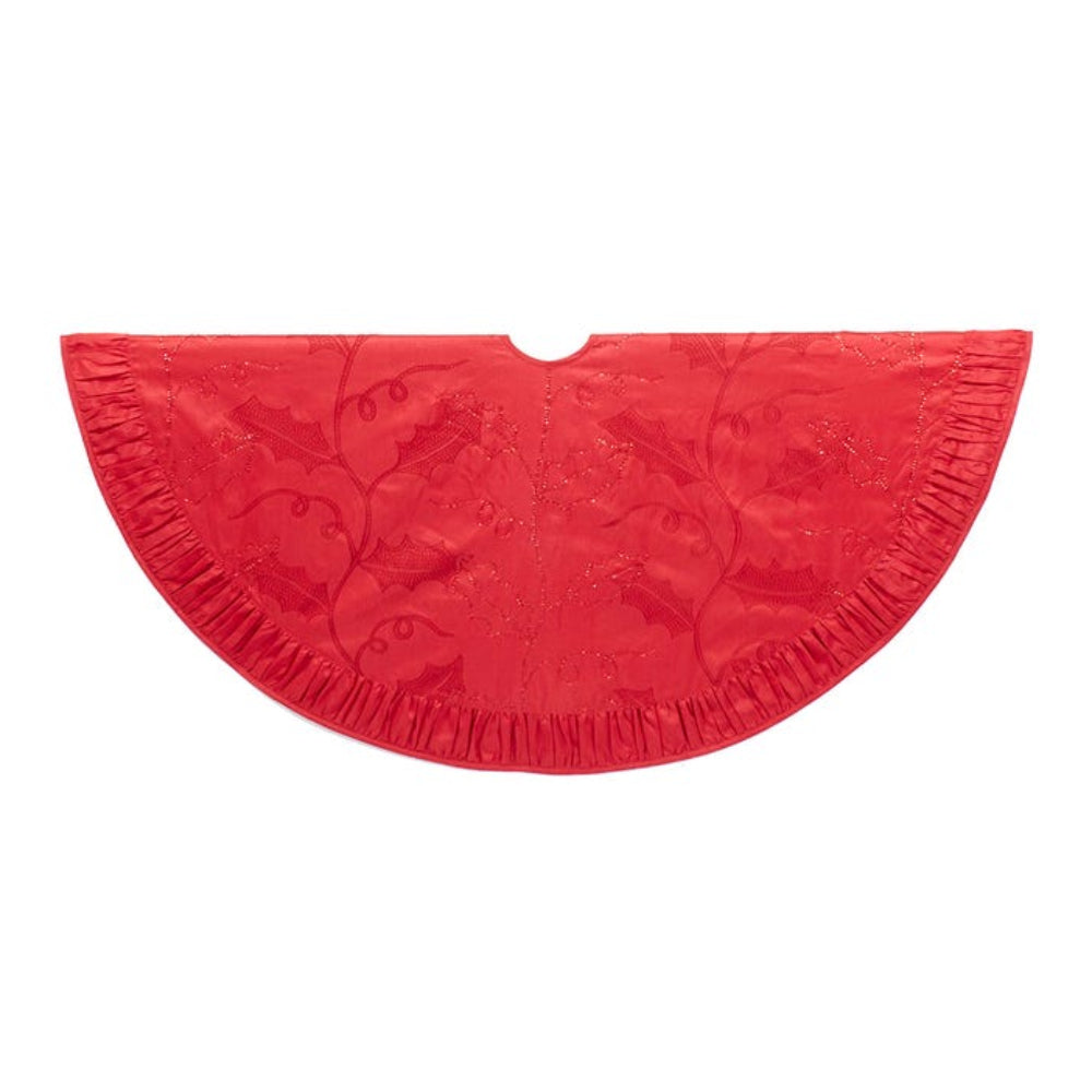 Kurt Adler 48" Sequined Holly Tree Skirt, Red