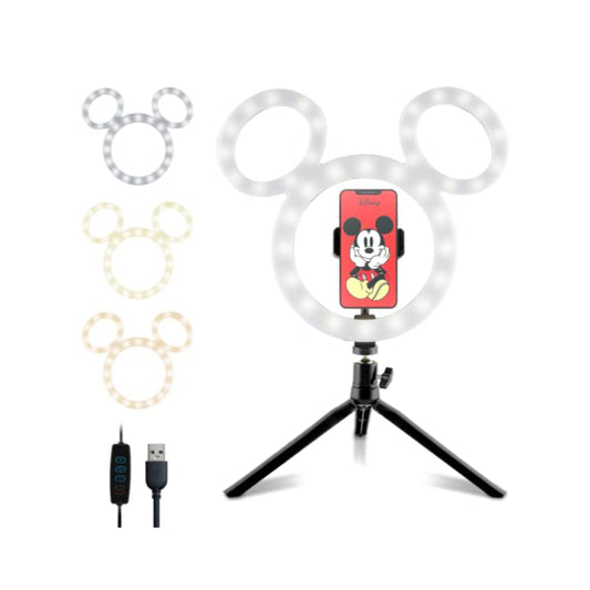 Anillo de luz LED grande de 12" con forma de cabeza de Mickey Mouse de Disney con trípode y soporte para teléfono