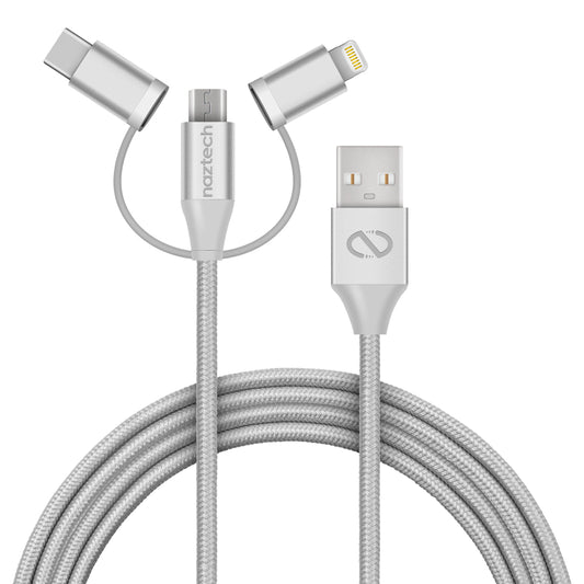 Cable trenzado híbrido USB a Micro USB/USB-C/MFi Lightning de 6' 3 en 1 de Naztech, gris