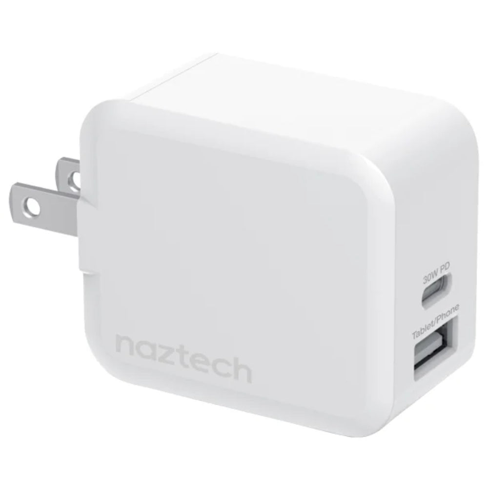 Cargador rápido de pared USB-C PD de 30 W y USB-C de 12 W de Naztech, color blanco