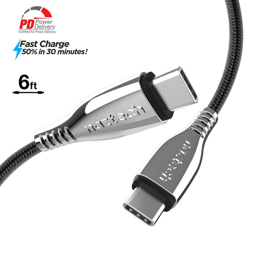 Cable de carga rápida trenzado USB-C a USB-C de 6 pies de Naztech Titanium, color negro