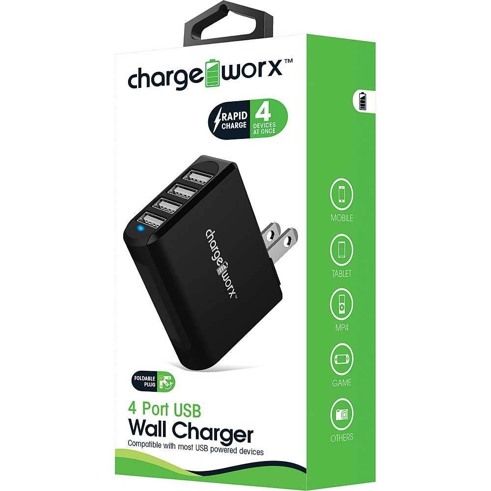 Cargador de pared para viajes ChargeWorx con 4 puertos USB, color negro 