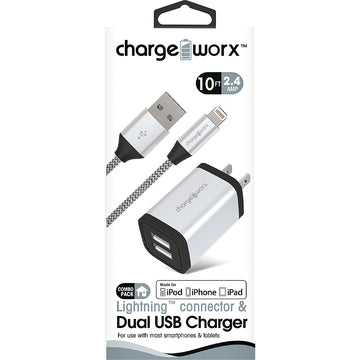 Cargador de pared de metal con dos puertos USB y cable Lightning de 6 pies ChargeWorx, color plateado