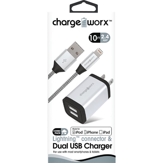 ChargeWorx Dual USB Metal Wall Charger & 6 ft Lightning Cable - Silver
