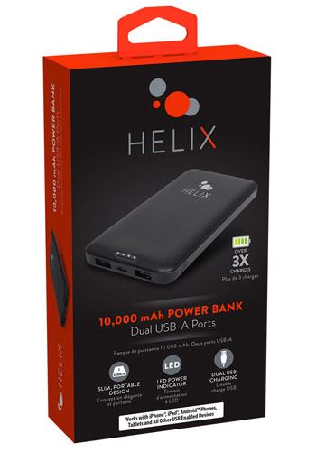 Helix 10000mAh USB-C and Dual USB-A Ports Power Bank - Black