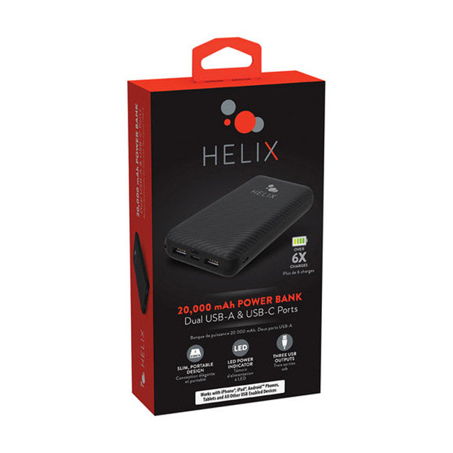 Helix 20000mAh USB-C and Dual USB-A Ports Power Bank - Black