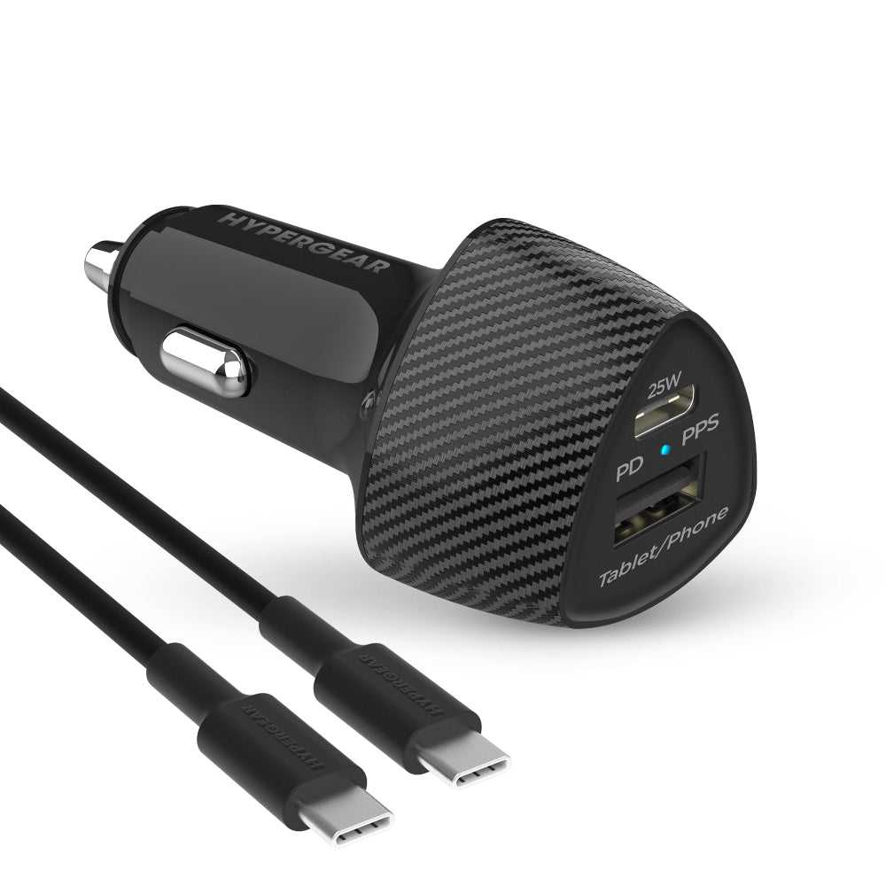 SpeedBoost 25W USB-C PD + 12W USB Fast Car Charger with 4ft USB-C Cable - Black