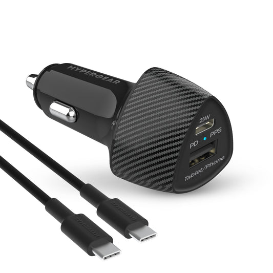 Cargador rápido para automóvil SpeedBoost USB-C PD de 25 W + USB de 12 W con cable USB-C de 1,2 m (negro)