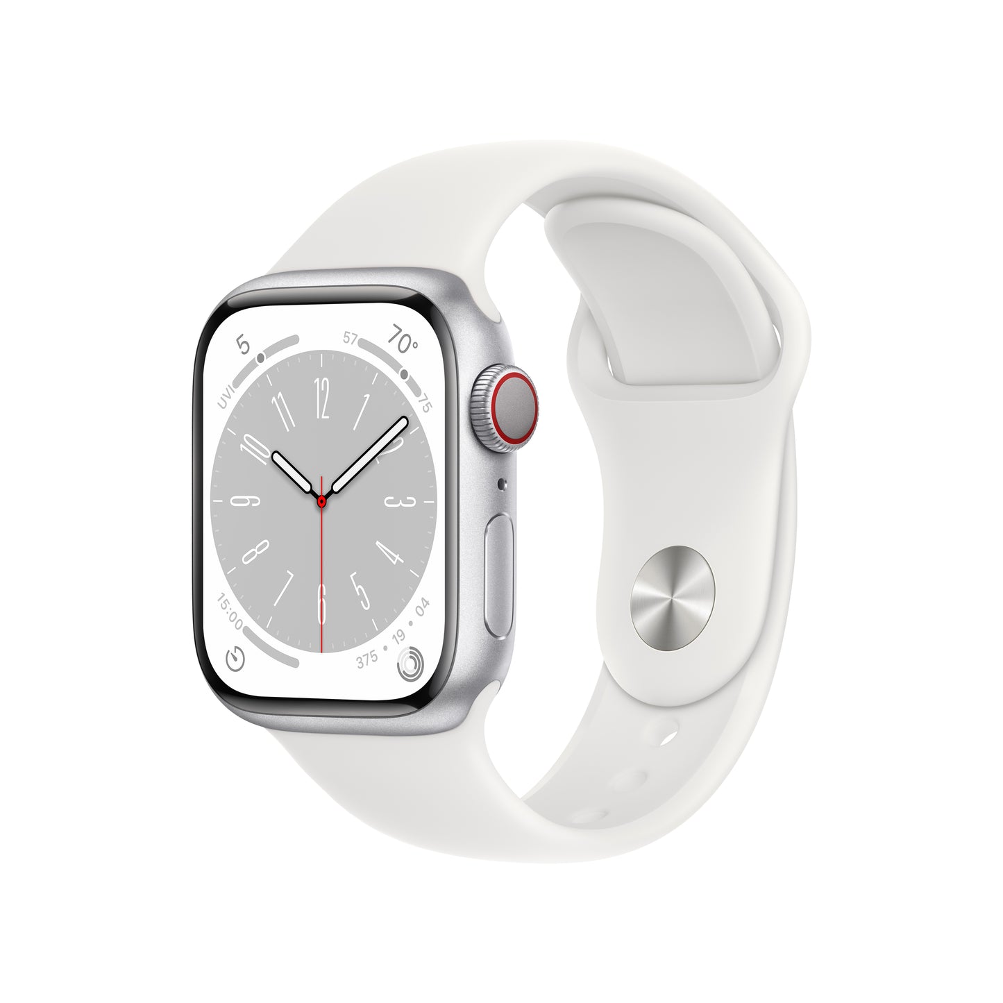 Reloj inteligente unisex Apple Series 8 de 41 mm con caja de aluminio plateada y correa deportiva blanca (talla M/L), GPS y conexión celular