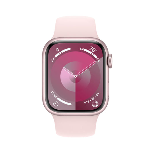 Reloj inteligente unisex Apple Series 9 de 41 mm con caja de aluminio rosa y correa deportiva rosa claro (talla pequeña/mediana), GPS y conexión celular