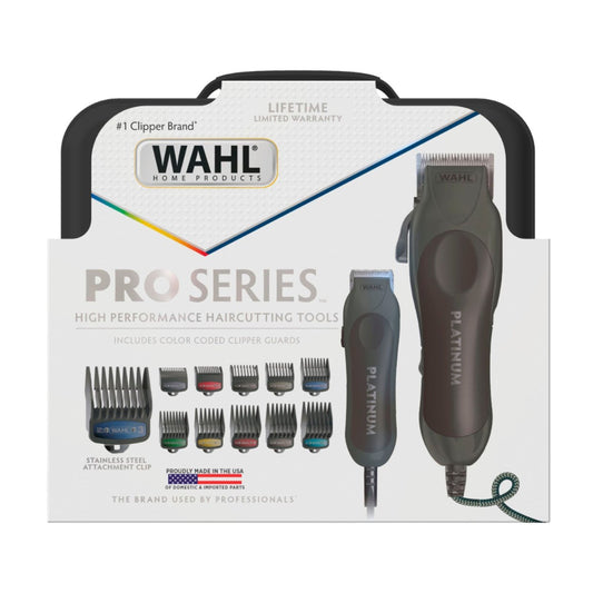 Kit combinado de corte de cabello con cable Wahl Pro Series 79804-100 Platinum con protectores codificados por color, color negro