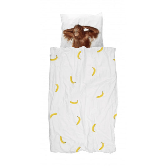 Juego de funda de edredón de 2 piezas tamaño twin de Snurk con diseño de mono banana, blanco y marrón