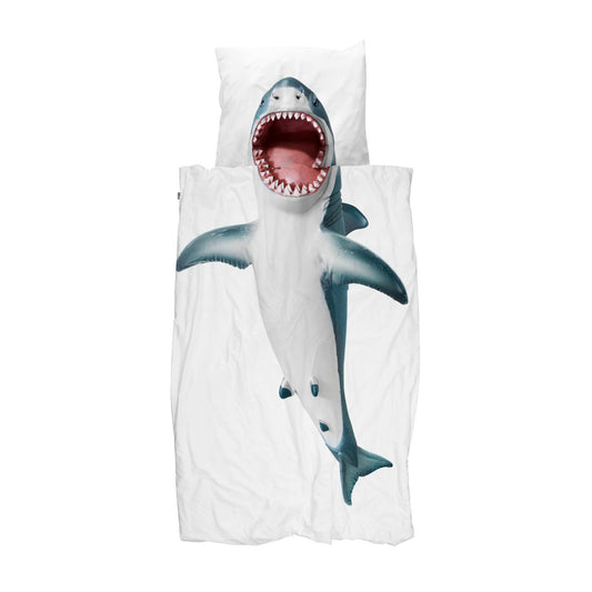 Snurk Twin Size 2-Piece Shark Duvet Cover Set - White/Blue