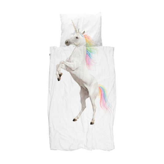 Juego de funda nórdica de dos piezas con diseño de unicornio de Snurk, tamaño doble, blanco y multicolor