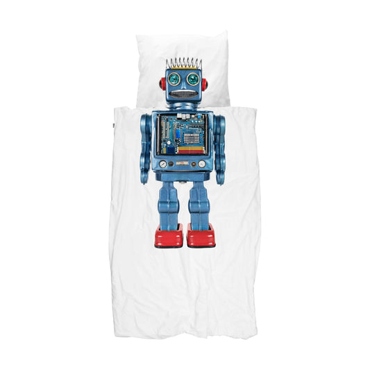 Snurk Twin Size 2-Piece Robot Duvet Cover Set - White/Blue