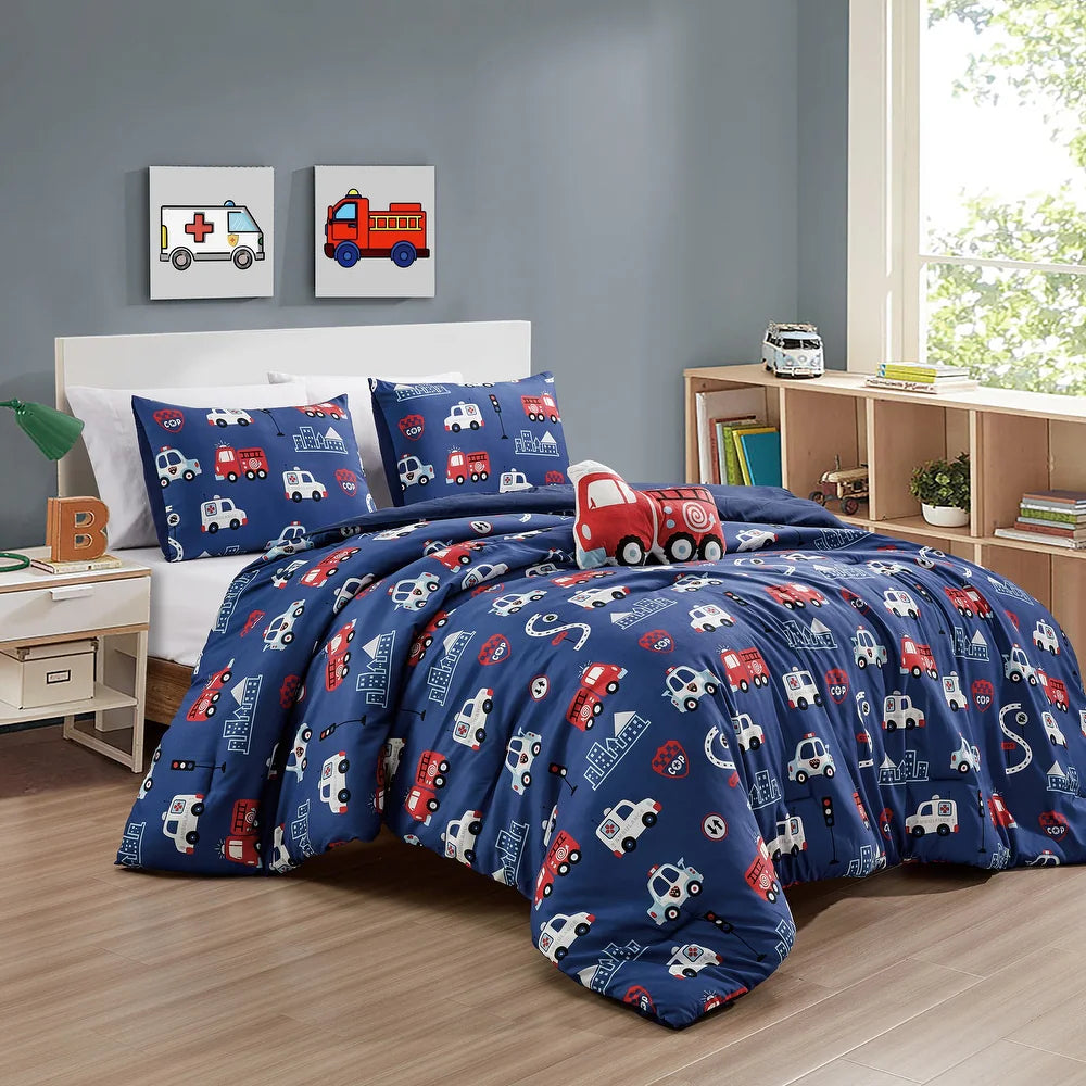 Esca Firetruck Twin Size 3-Piece Comforter Set - Blue