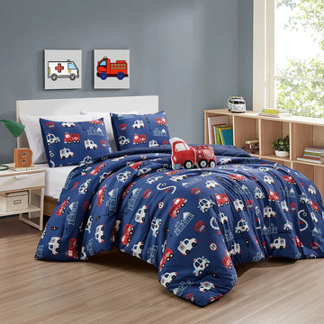 ESCA Firetruck Twin Size 3-Piece Comforter Set - Blue