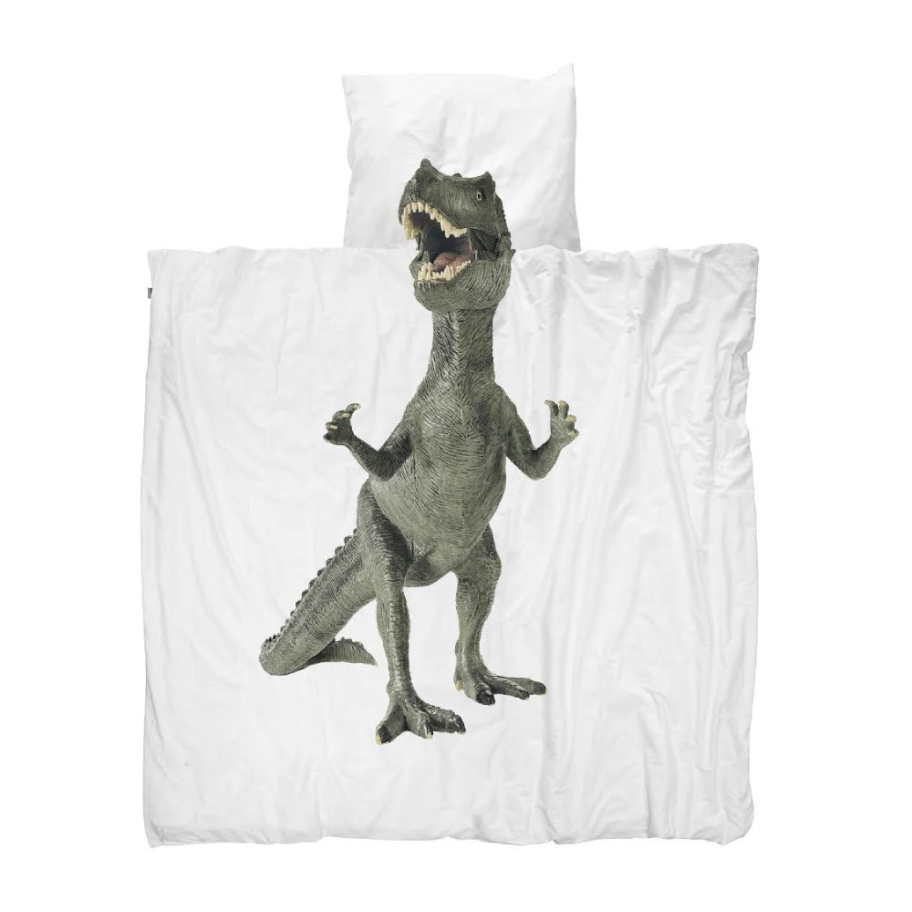 Snurk Queen Size 3-Piece Dinosaur Duvet Cover Set - White/Green