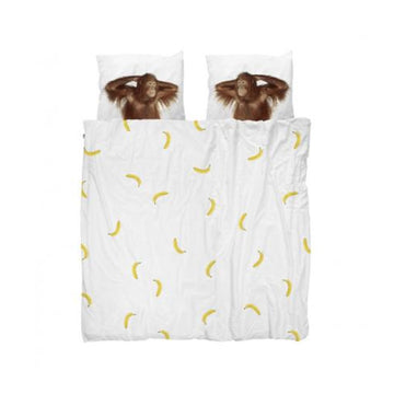 Juego de funda de edredón de 3 piezas tamaño queen de Snurk con diseño de mono banana, blanco y marrón
