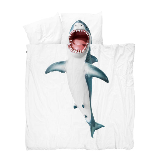 Snurk Queen Size 3-Piece Shark Duvet Cover Set - White/Blue