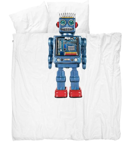 Snurk Queen Size Robot Duvet Cover Set (3-Piece) - White/Blue