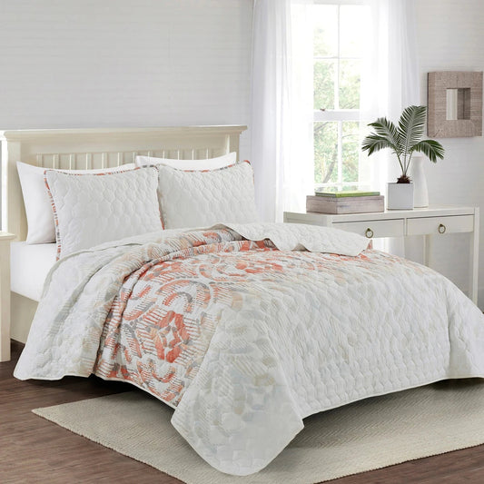 Esca Briseis Queen Size 3-Piece Microfiber Reversible Bedspread Set - Orange/Beige