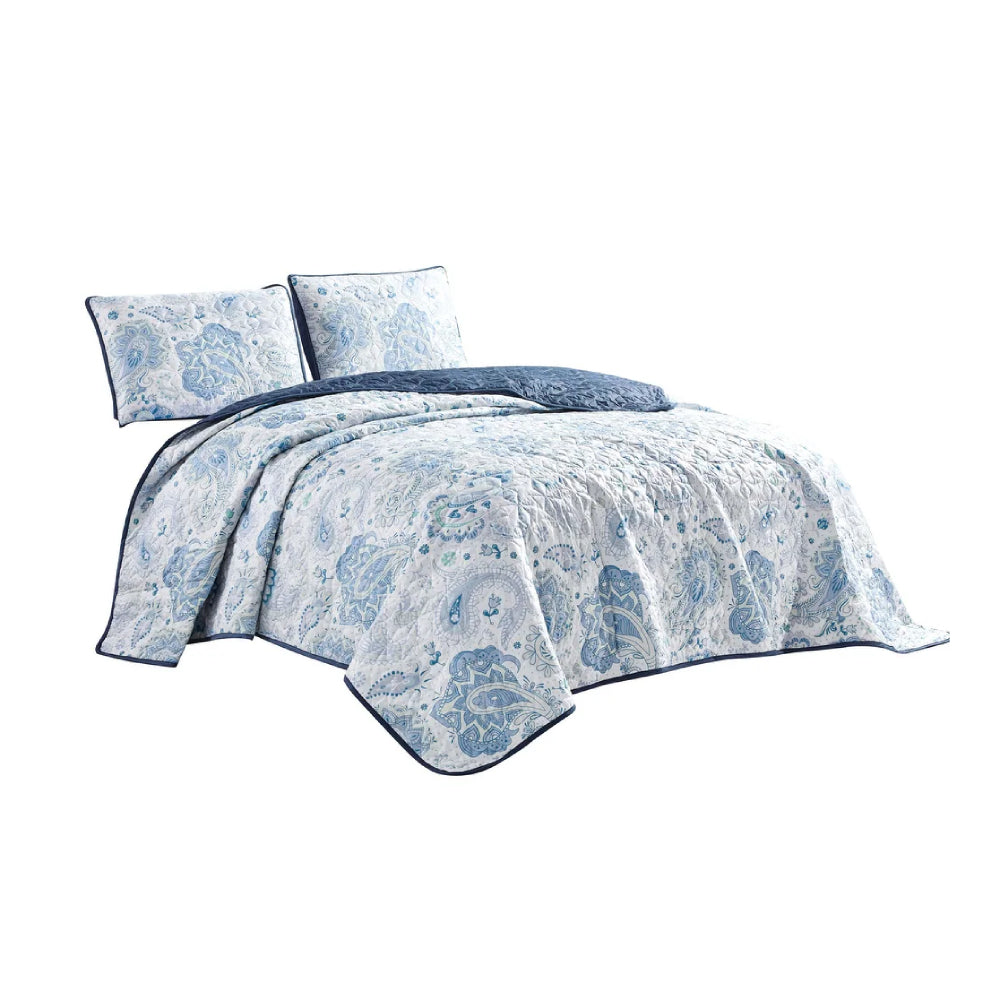 Esca Heget Queen Size 3-Piece Reversible Bedspread Set - Blue/White