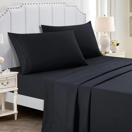 JCrown King Size 4-Piece Microfiber Sheet Set with Deep Pocket - Black