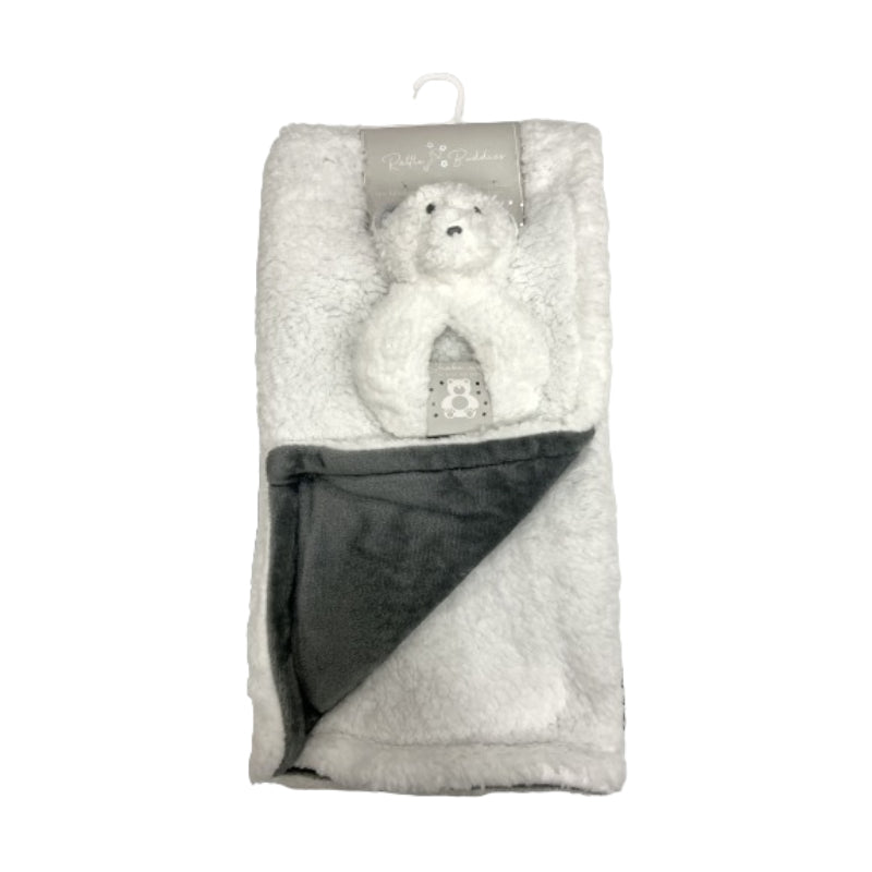 SL Home Fashions Rattle Buddies Flannel Sherpa Blanket with Toy - White Bear
